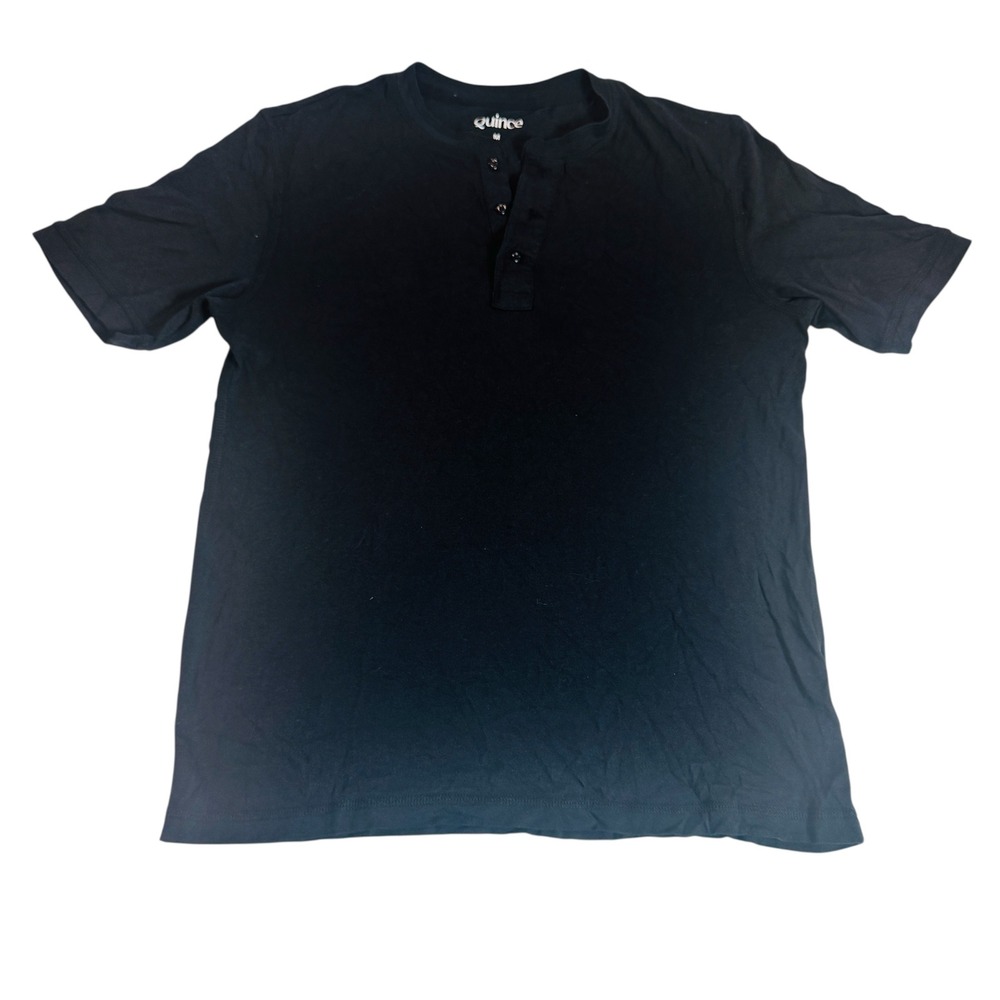 Quince Mens Short Sleeve Henley Shirt Black Size Medium Three Button Placket